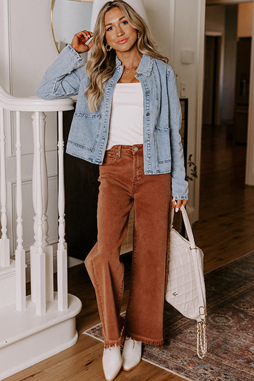 Myosotis Scallop Trim Collar Pocket Button Up Denim Jacket Jackets 3b7907a63972e8f8