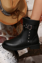 Black Studded Buckle Decor Side Zip Faux Leather Boots Boots 3b7998e736afa99d