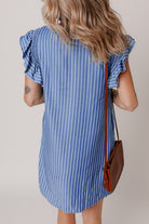Sky Blue Stripe Frilly Split Neck Shirred Ruffle Sleeve Mini Shift Dress Short Dresses 3b95b37a4f5abcfb
