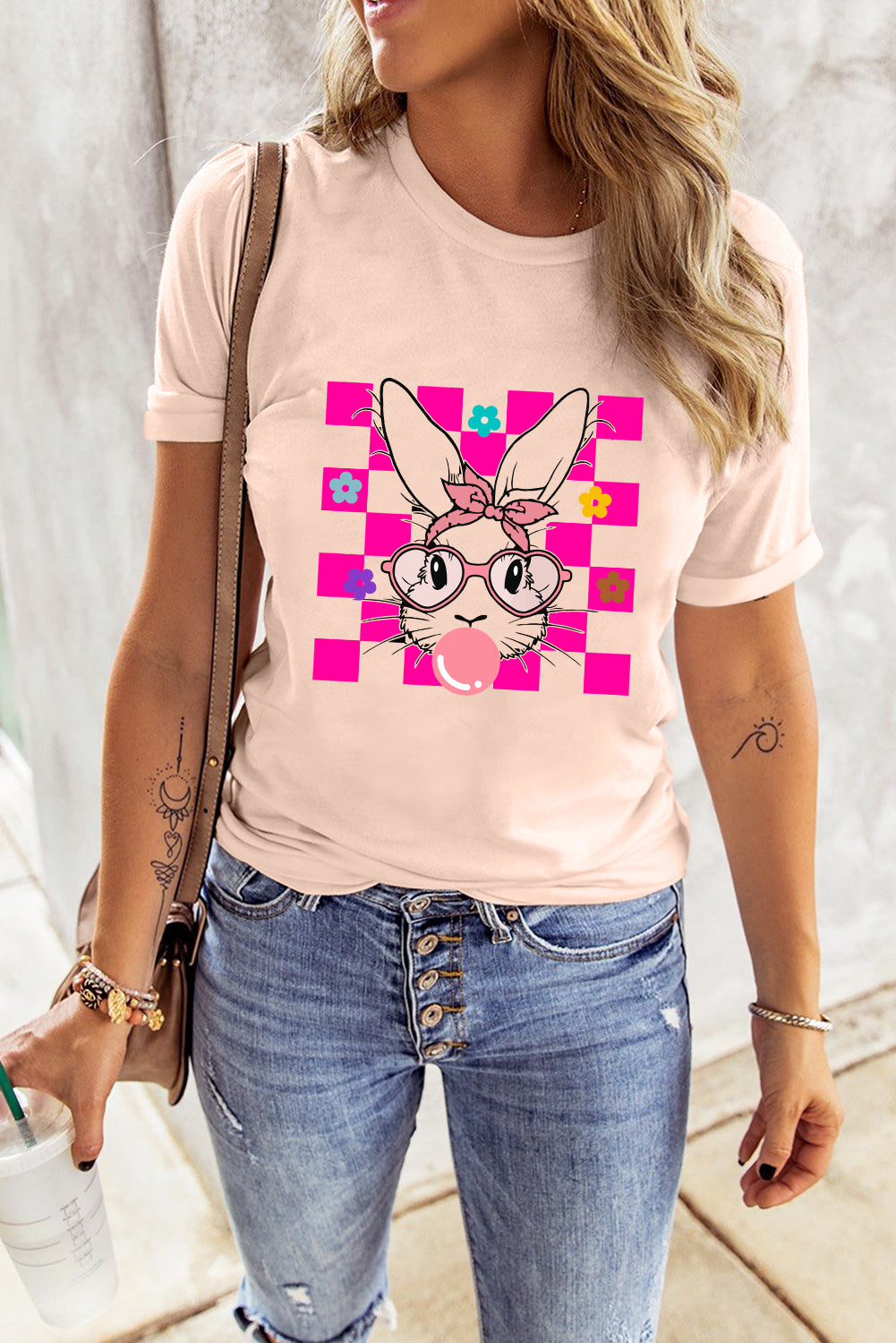 Pink Easter Rabbit Checkered Flower Graphic O Neck T Shirt Graphic Tees 3bb3235e9fe97f6c
