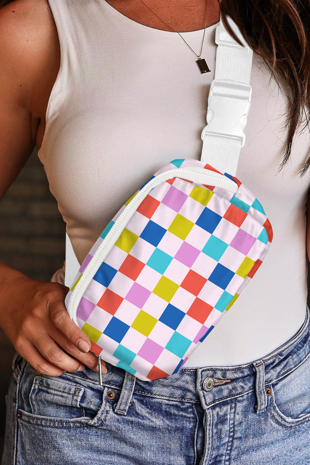 White Colorful Checkered Print Crossbody Bag Crossbody Bags 3c12bf84e1ede1dd