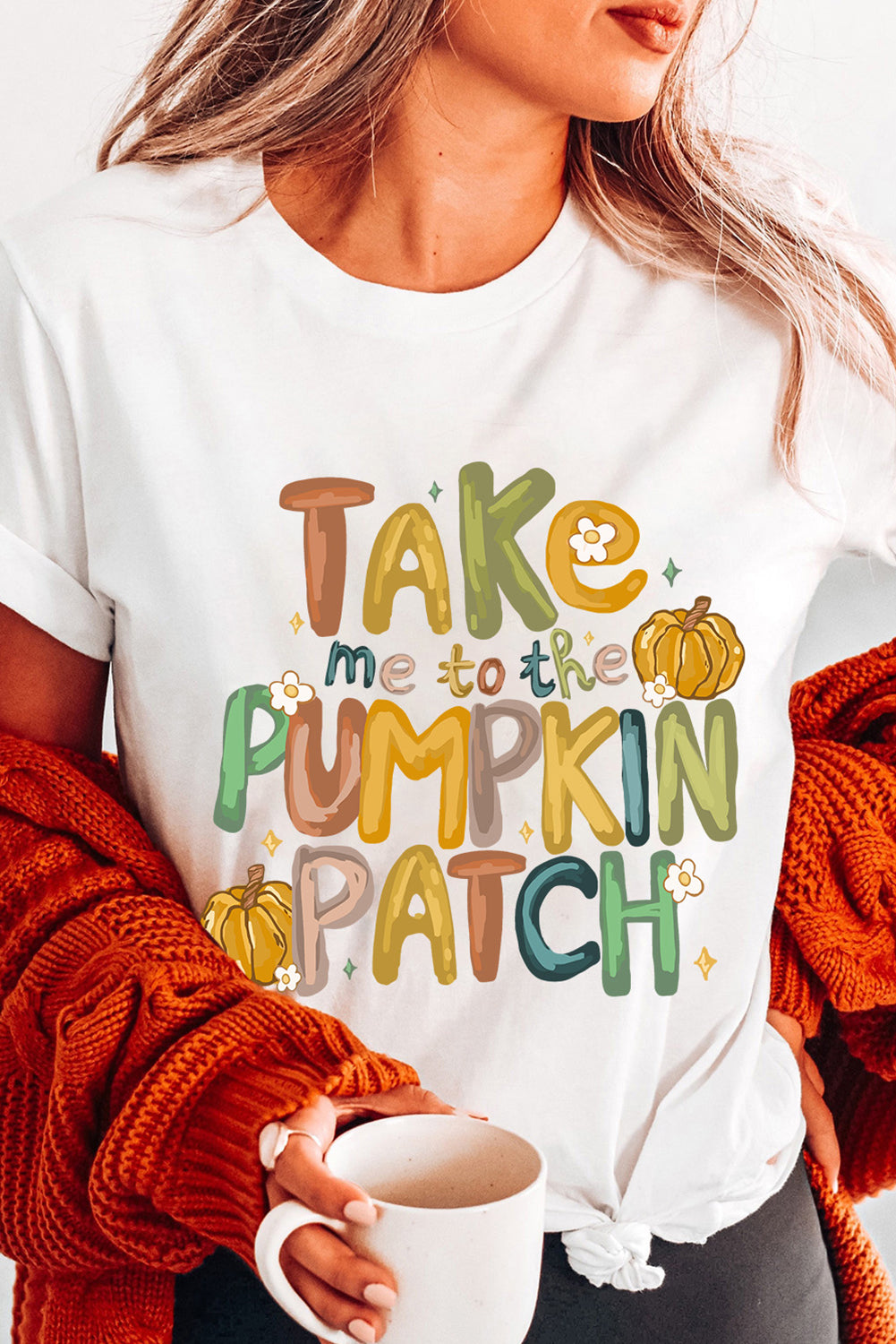 White Take Me To The Pumpkin Heat Transfer Printing Cotton Blend T Shirt Graphic Tees 3c1a13171383fc0e