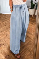 Sky Blue Stripe Chambray Wide Leg Tied Elastic Waist Trousers Pants 3c1a91126bfe9202