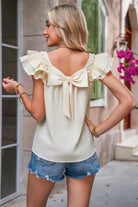 Beige Textured Bow Frilled Ruffle Sleeve Blouse Blouses 3c3fe372131ca4b6