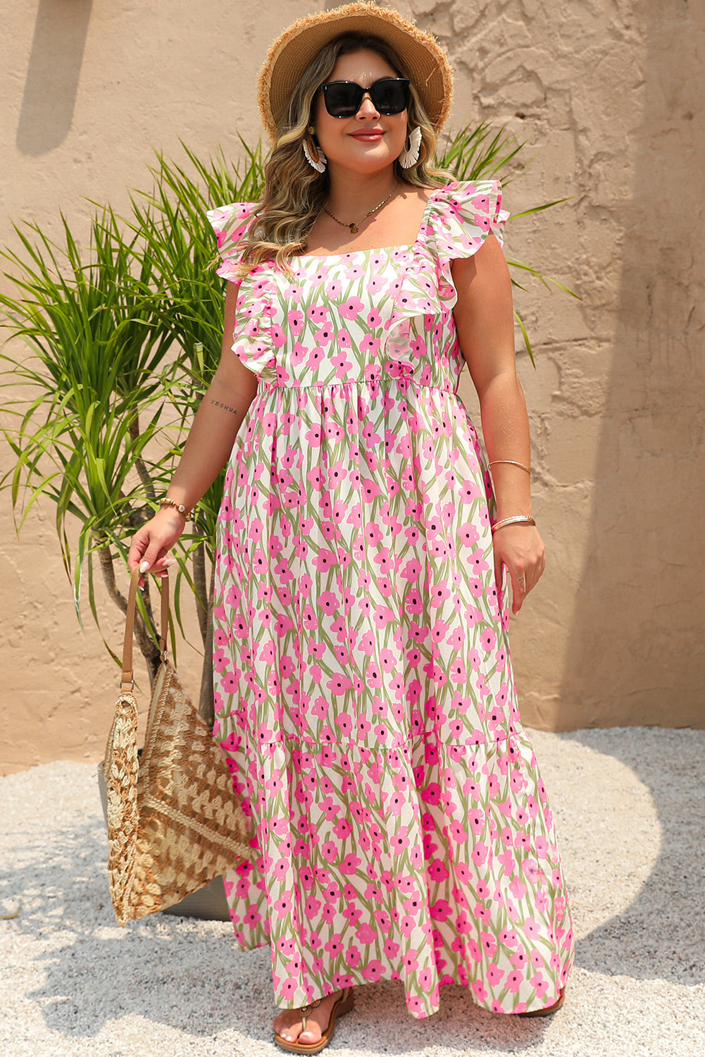 Pink Plus Size Ruffle High Waist Floral Maxi Dress Plus Size Dresses 3c44bfebe9d38717