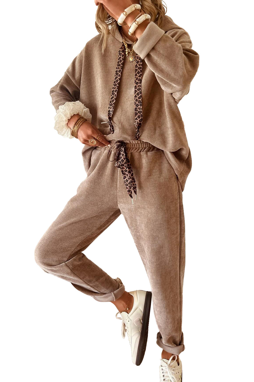 Dark Khaki Drawstring Pullover Hoodie and High Waist Pants Corduroy Suit Two Piece Pants Sets 3c53d72c319af2d0