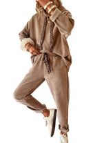 Dark Khaki Drawstring Pullover Hoodie and High Waist Pants Corduroy Suit Two Piece Pants Sets 3c53d72c319af2d0