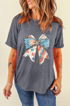 Gray USA Flag Bow Heat Transfer Printing Round Neck Loose T Shirt Graphic Tees 3c5e53110e6b7c19