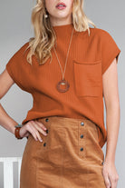 Oatmeal Patch Pocket Ribbed Knit Short Sleeve Sweater Knit Tops 3c6d414bcc8ec253