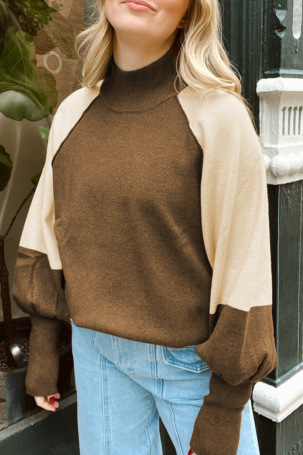 Desert Palm Colorblock Raglan Puff Sleeve Mock Neck Sweater Sweaters 3c71d4d3c959d304