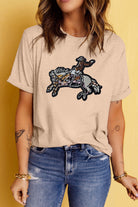 Khaki Rodeo Sequins Patch Graphic Crewneck Tee Graphic Tees 3c7248e5b0e97ce2