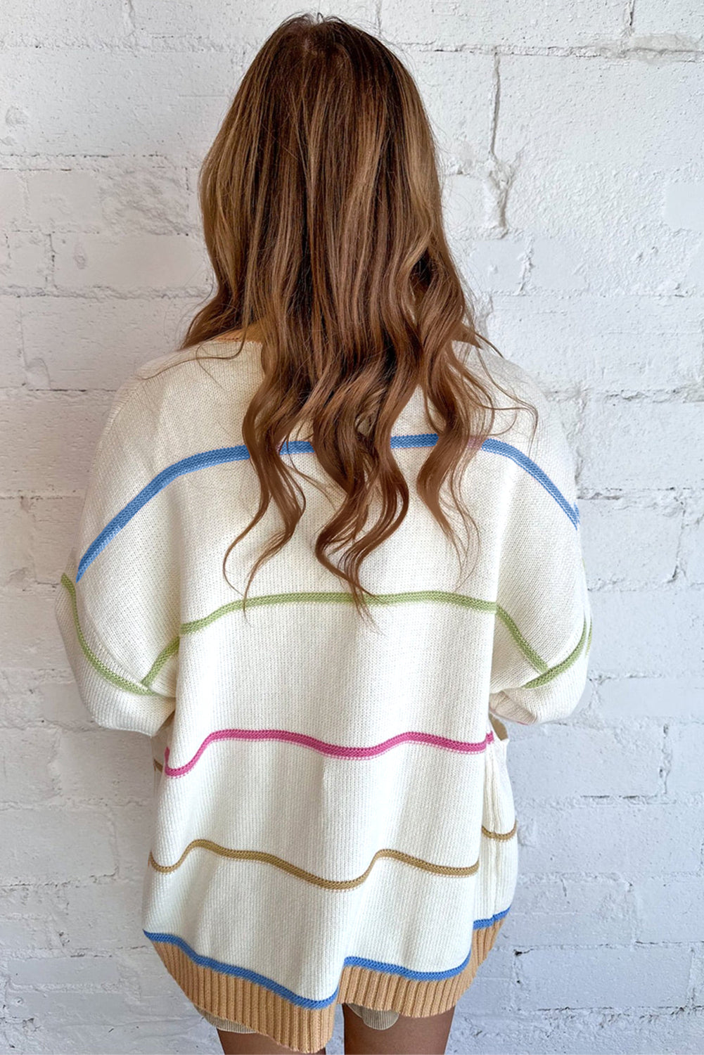 White Color Block Striped Open Front Cardigan With Pocket Cardigans 3c78f89437c84ddd