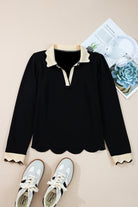 Black Scallop Trim Colorblock Long Sleeve Collared Top Long Sleeve Tops 3cb918b8d4fd4906