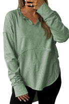 Smoke Green Notched Neck Terry Raw Hem Long Sleeve Top Long Sleeve Tops 3cd5c0e7abc1af32