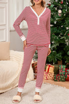 Red Stripe Buttoned V Neck Top and Knotted Waist Pants Pajama Set Loungewear Set 3cd6e1a5b75aceba