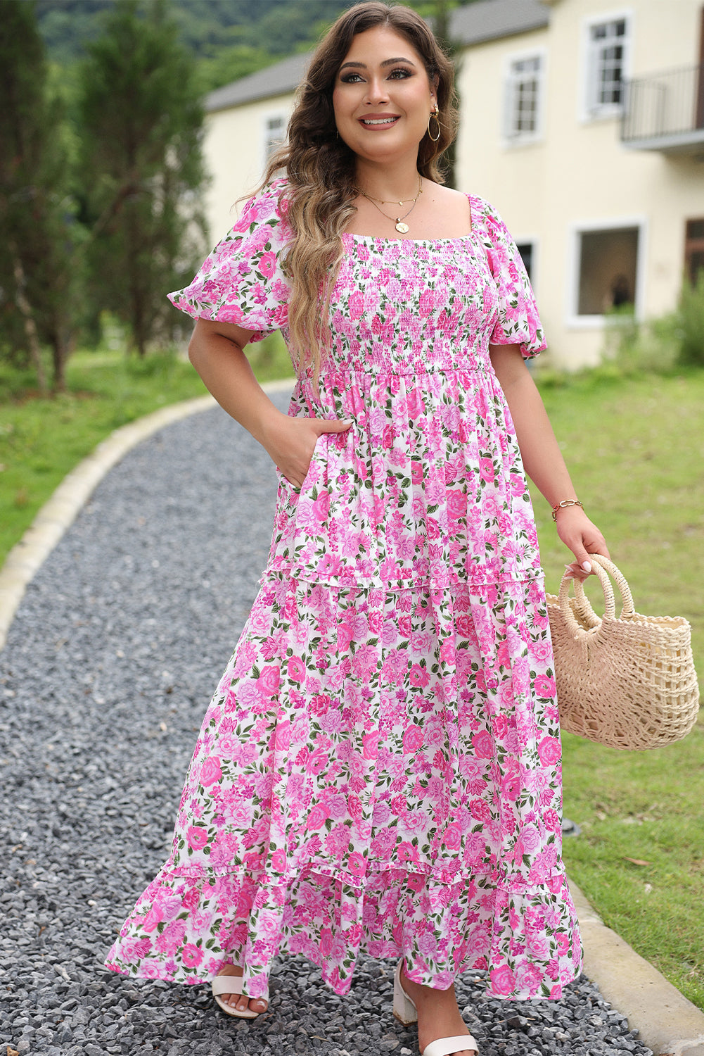 Pink Plus Size Floral Print Smocked Puff Sleeve Maxi Dress Plus Size Dresses 3ce01eefa1b15475
