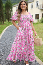 Pink Plus Size Floral Print Smocked Puff Sleeve Maxi Dress Plus Size Dresses 3ce01eefa1b15475