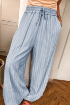 Sky Blue Stripe Chambray Wide Leg Tied Elastic Waist Trousers Pants 3d27b1b906578e89