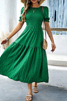 Dark Green Solid Textured Shirred High Waist Midi Dress Midi Dresses 3d37cee6f3eb943e