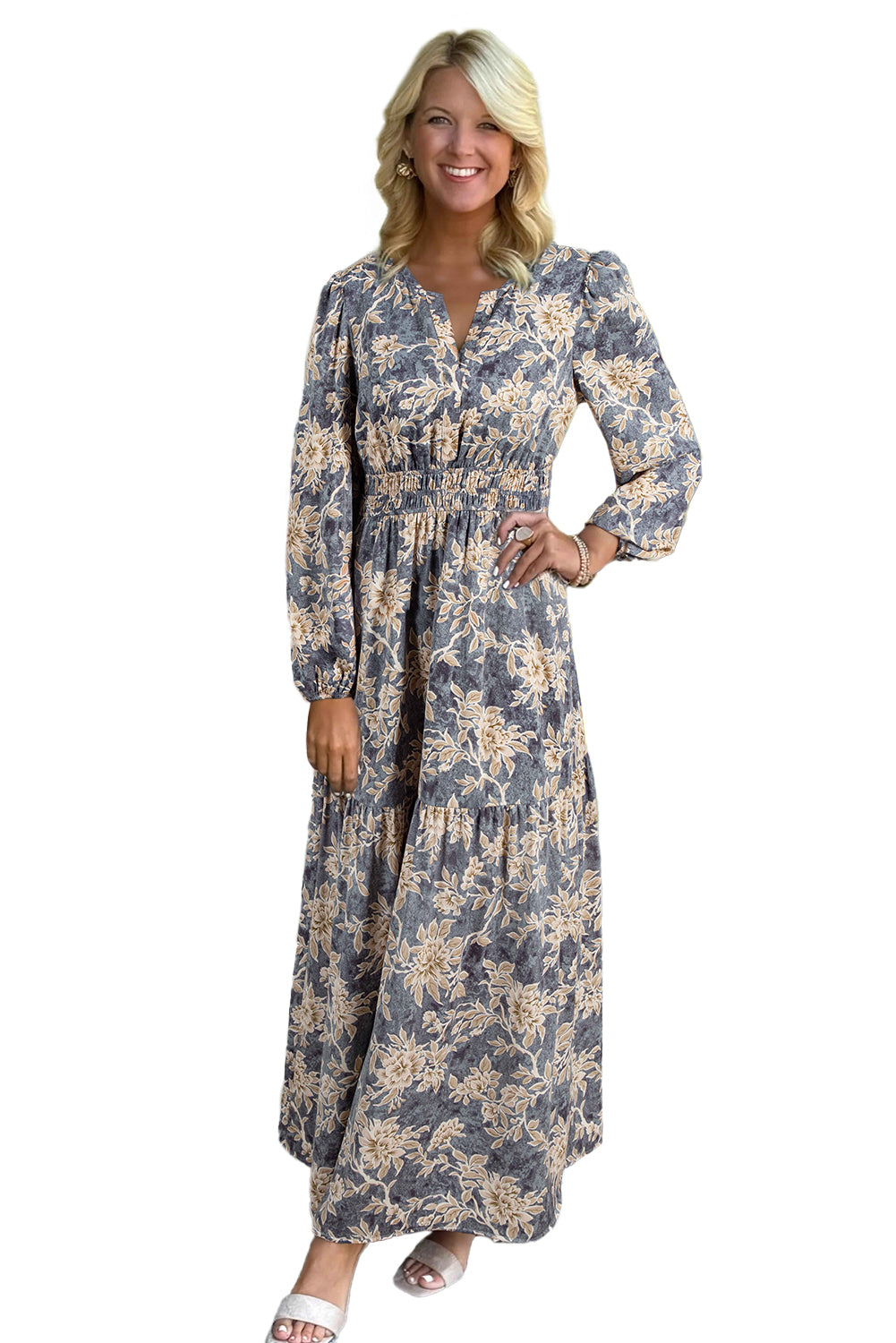 Sky Blue Floral Print Smocked High Waist Long Sleeve Maxi Dress Maxi Dresses 3d396bd6847e4e62