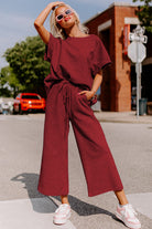 Red Dahlia Textured Loose Fit T Shirt & Drawstring Pants Set Two Piece Pants Sets 3d422a93cd0f05bd