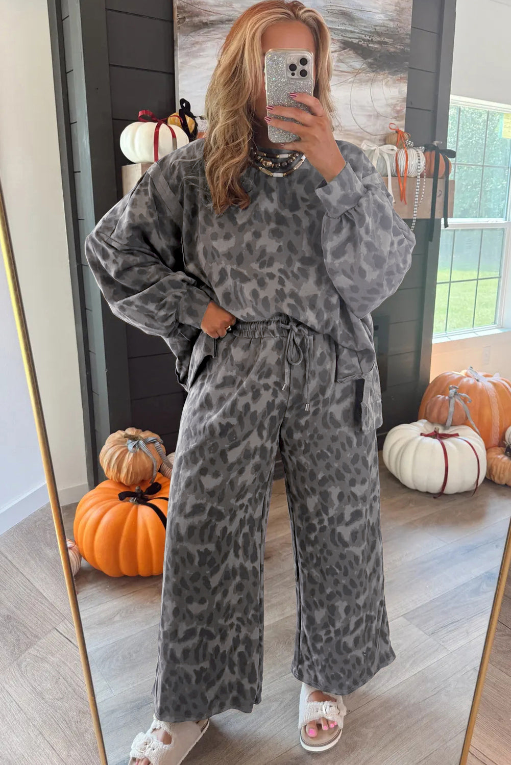 Brown Allover Leopard Print Pullover Drawstring Loose Pants Set Two Piece Pants Sets 3d4f9d3447813d17