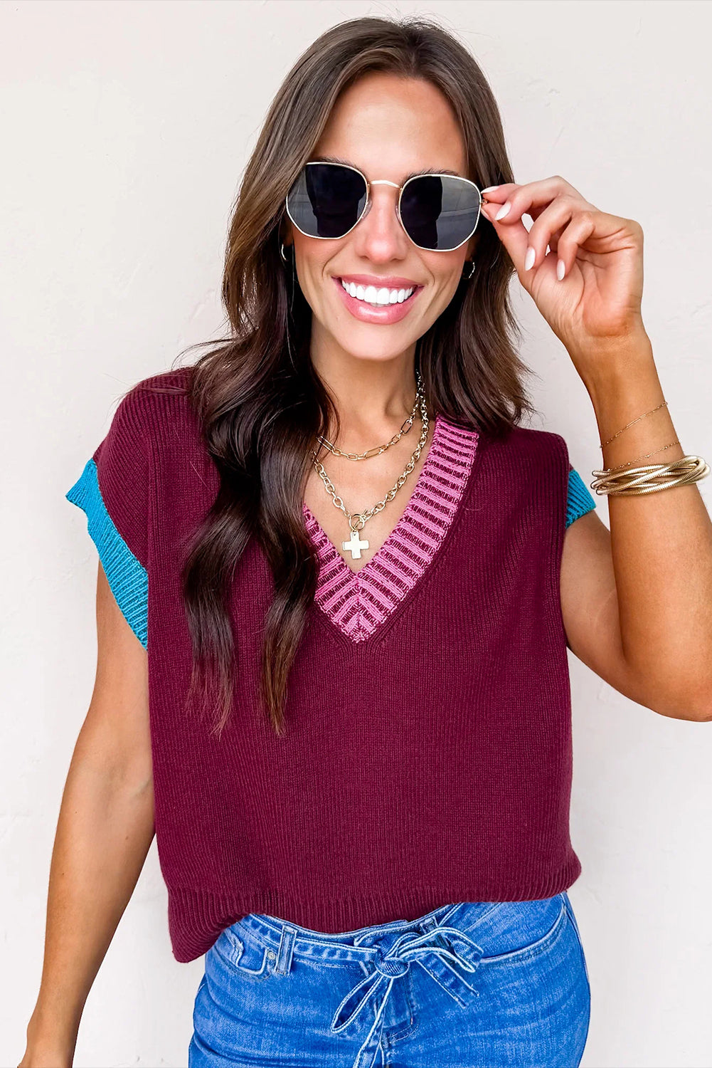 Burgundy Contrast Trim V Neck Cuffed Short Sleeve Loose Sweater Short Sleeve Sweater 3d7cf300da5a4507