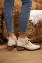 White Faux Leather Studded Pointed Toe Block Heel Ankle Boots Boots 3d8a5c095dcb30d0