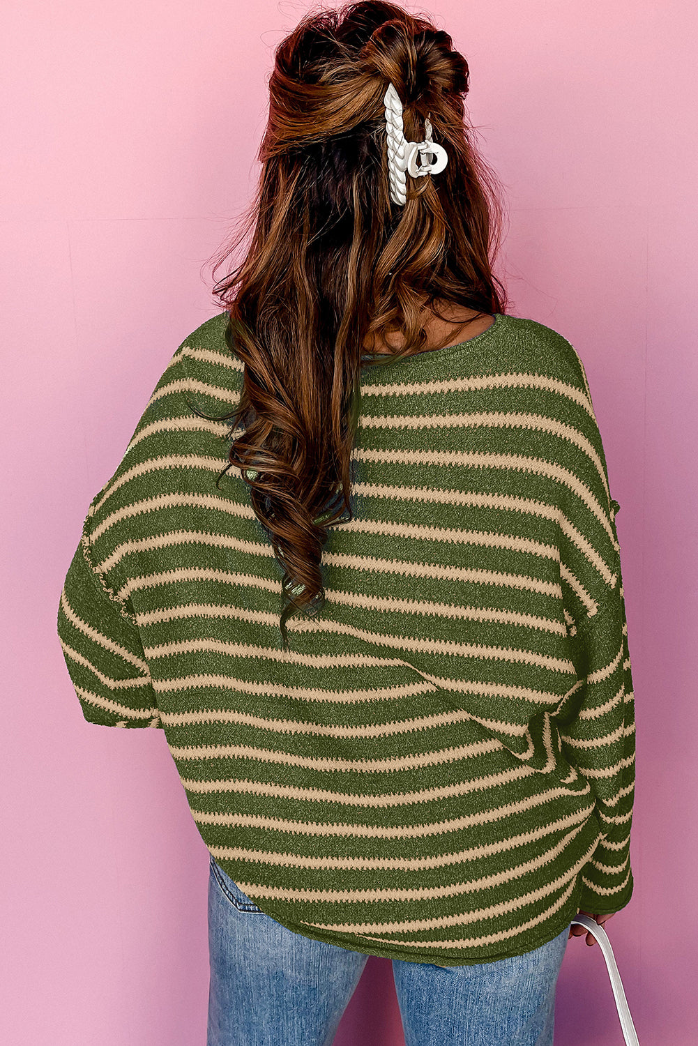 Green Stripe Casual Stripe Round Neck Drop Shoulder Sweater Sweaters 3d8f6daaafb3c08a