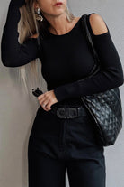 Black Ribbed Knit Cold Shoulder Plain Sweater Sweaters 3d95968d30d2164c