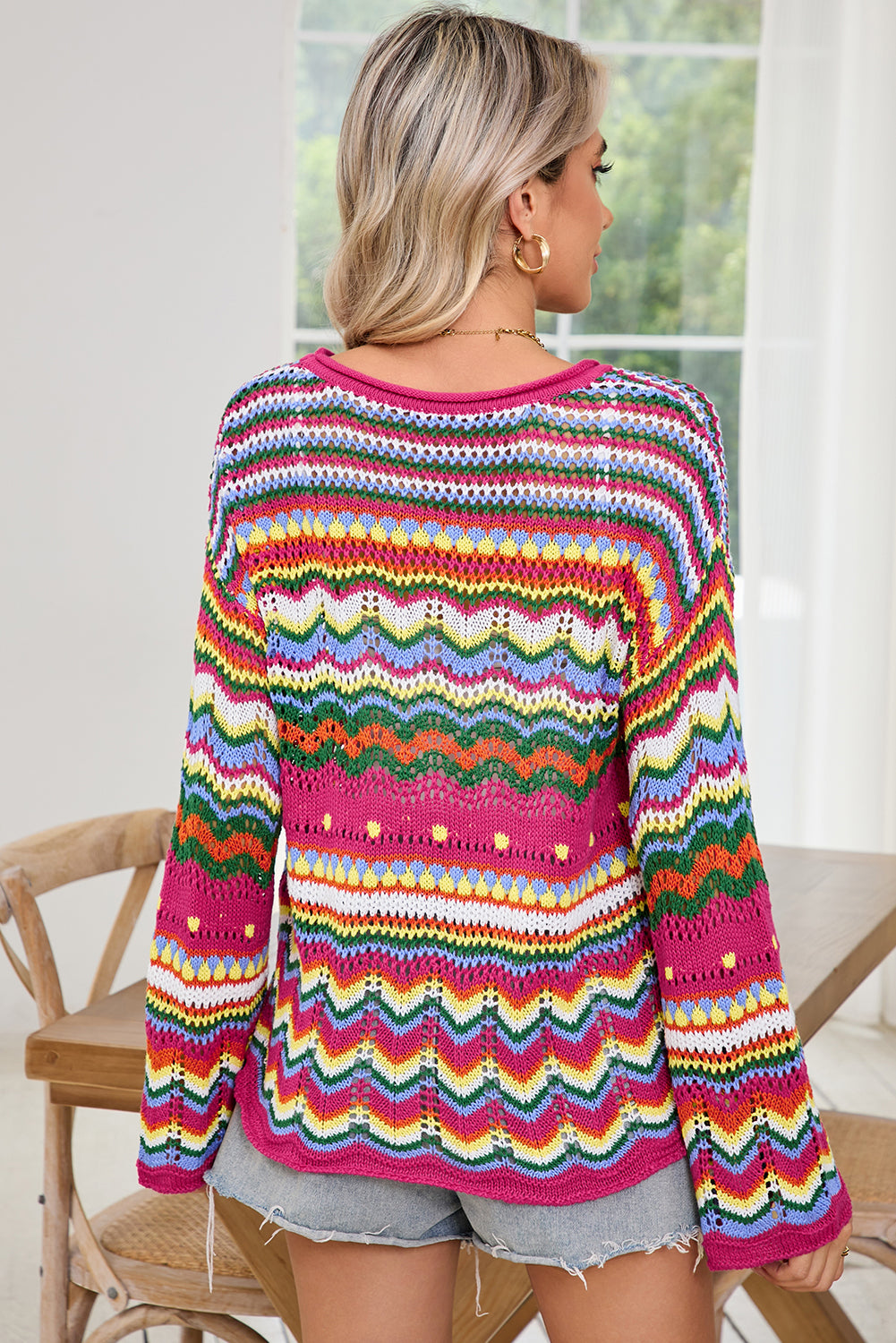 Rose Red Colorblock Striped Hollowed Knit Loose Sweater Sweaters 3db2b650639af5aa