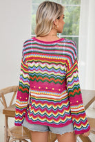 Rose Red Colorblock Striped Hollowed Knit Loose Sweater Sweaters 3db2b650639af5aa