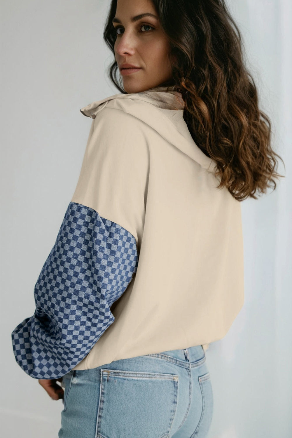 Parchment Checkered Patchwork Kangaroo Pocket Half Zipper Hoodie Sweatshirts & Hoodies 3e19ba3b4604a606