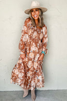 Brown Floral Print Shirred Square Neck High Waist Maxi Dress Maxi Dresses 3e53fe85c76af1fa