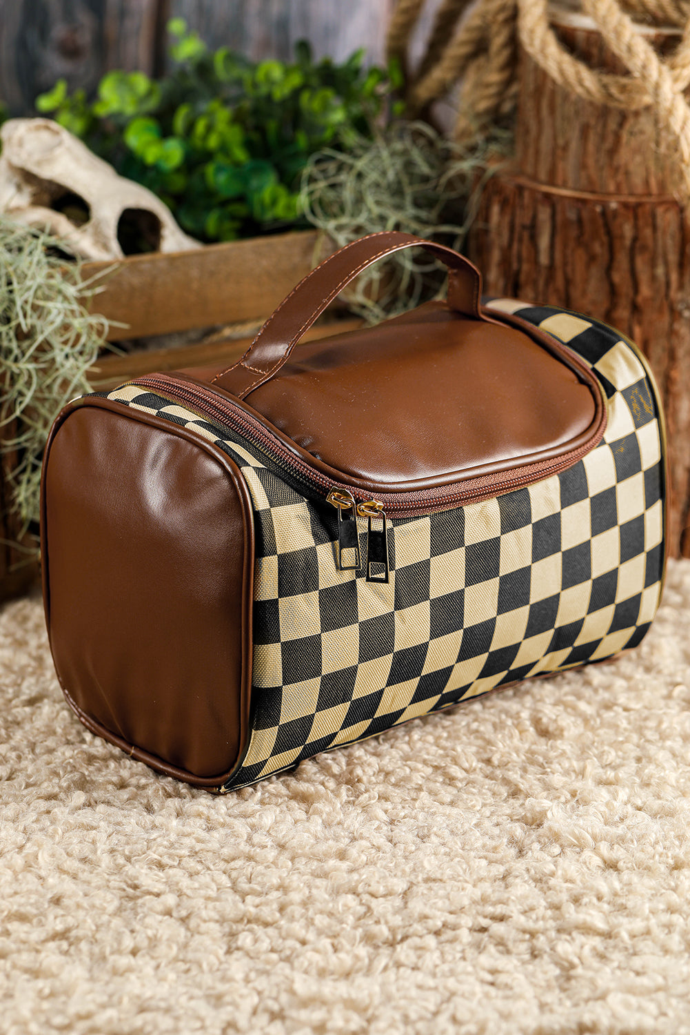 Checkered Zipper Large Cosmetic Bag with Handle Bags 3e541028b73d9725