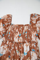 Brown Floral Print Shirred Square Neck High Waist Maxi Dress Maxi Dresses 3e5b13a96fcf08a9