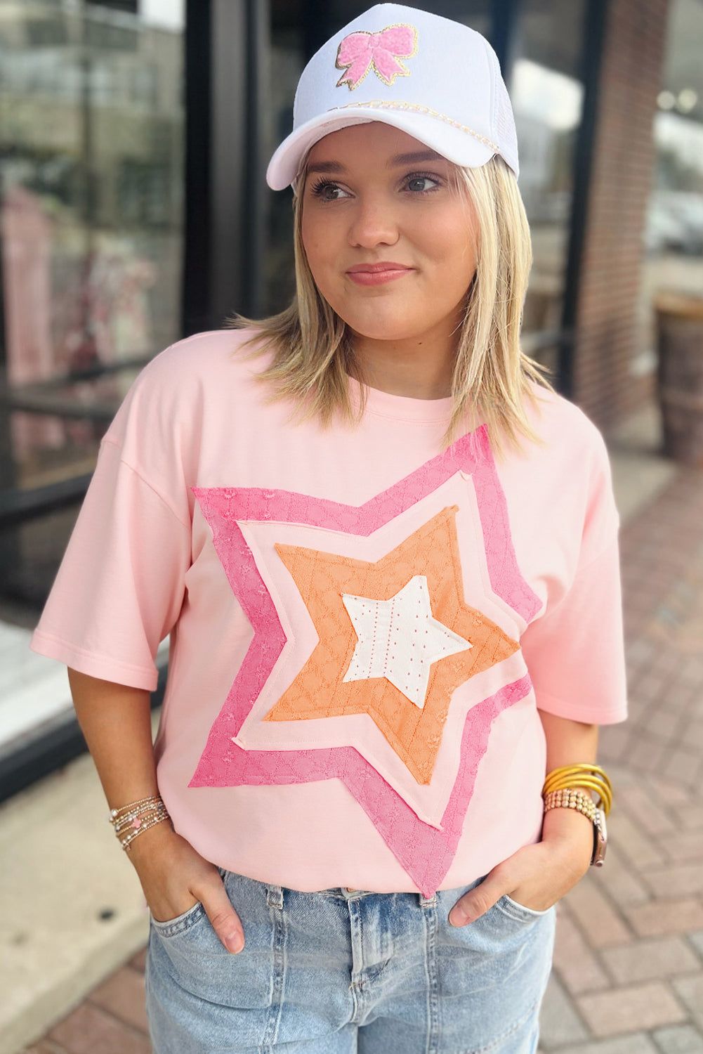 Light Pink Eyelet Colorblock Star Applique Plus Size T Shirt Plus Size Tops 3e7af1678428d62d