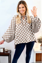 Khaki Double Checkered Patchwork Tie Neck Oversize Hoodie Sweatshirts & Hoodies 3e821c317180ae3f