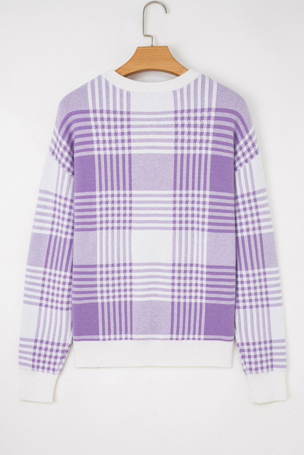 Lilac Plaid Print Ribbed Trim Loose Sweater Sweaters 3e8e87283b480b26