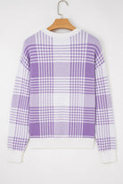 Lilac Plaid Print Ribbed Trim Loose Sweater Sweaters 3e8e87283b480b26
