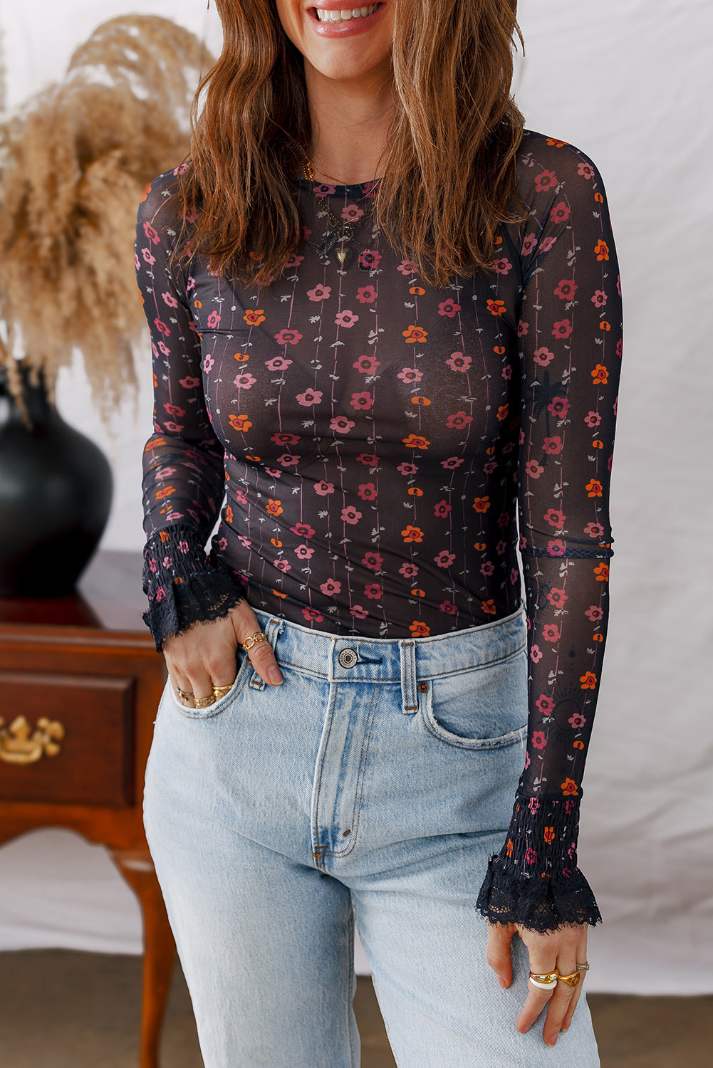 Black Floral Print Smocked Cuff Slim Fit Mesh Bodysuit Bodysuit 3ec674b0a864e9d2