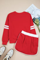 Sky Blue Varsity Stripe Detail Drop Shoulder Pullover Mini Skort Set Two Piece Shorts Sets 3ed247f71674198d