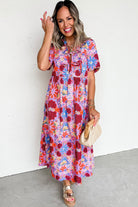 Rose Floral Print Tie Front High Waist Loose Midi Dress Midi Dresses 3ee18470494c669a