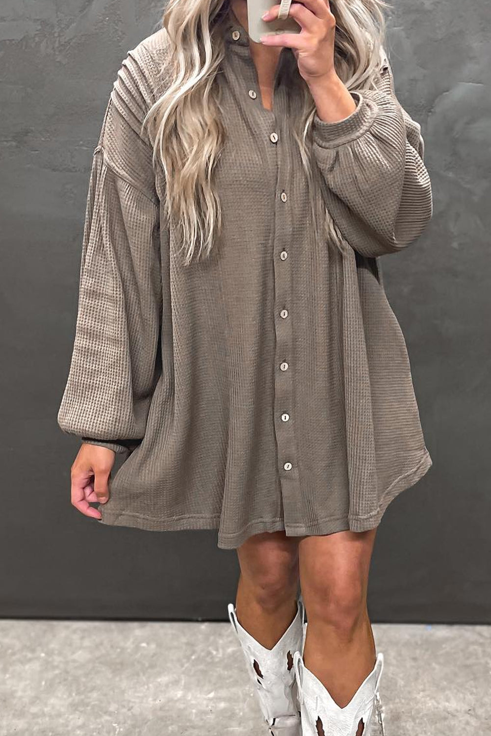 Simply Taupe Waffle Knit Shirt Tunic Mini Dress Short Dresses 3eeaa6f1b01dd365