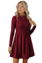 Red Dahlia Frilled Neck Ribbed Knit Patchwork Long Sleeve Mini Dress Short Dresses 3f03640628e6a3a3