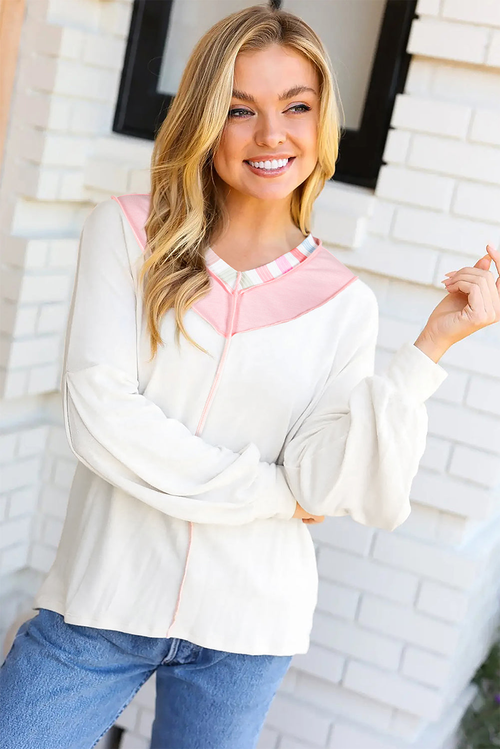 White Rainbow Striped V Neck Colorblock French Terry Top Long Sleeve Tops 3f15a633353843d3