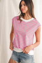 Sachet Pink Striped Contrast Trim Top T Shirts 3f386b97c417aa60
