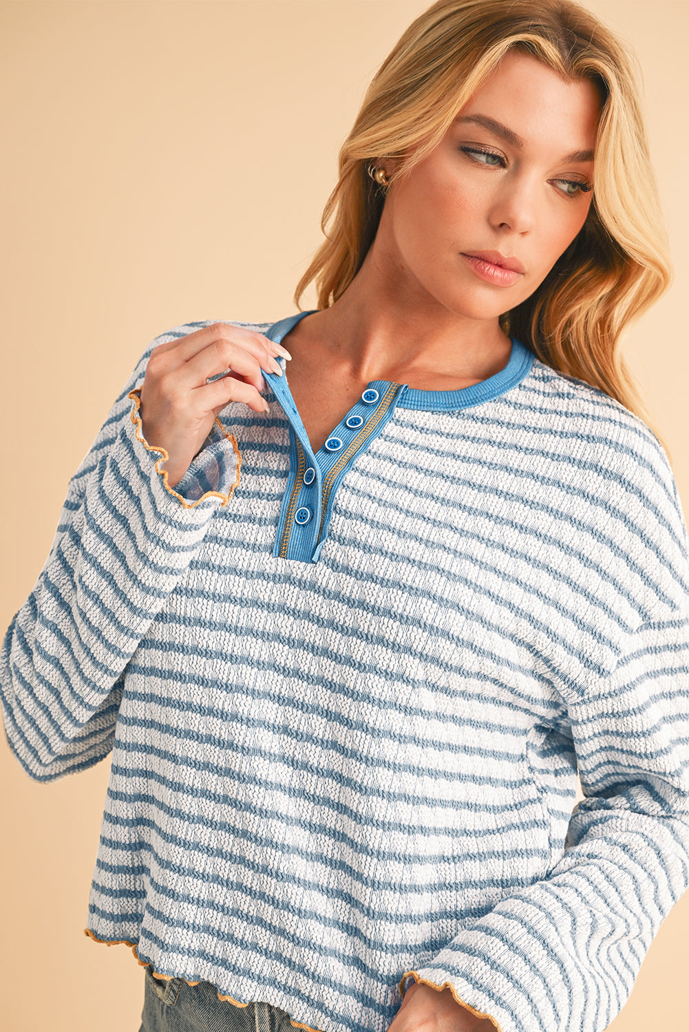 Sky Blue Stripe Textured Long Sleeve Henley Top Long Sleeve Tops 3f4de94670c934f5