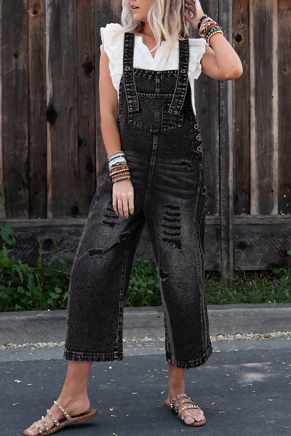 Black Distressed Bib Pocket Wide Leg Denim Overall Jumpsuits 3f522b0b5b26b3db