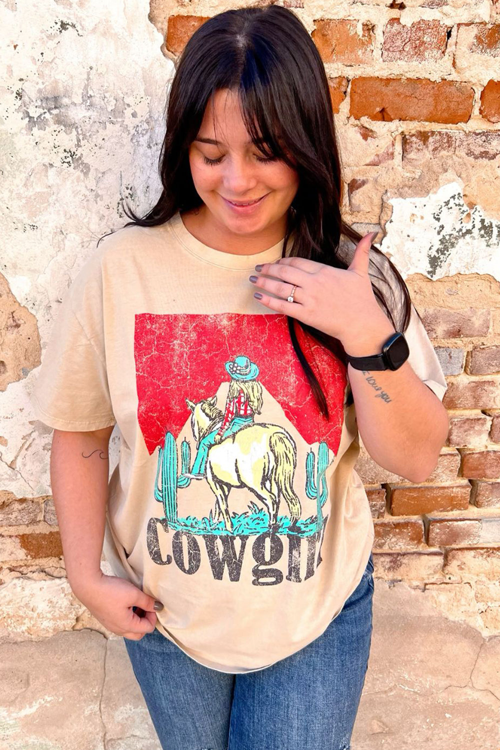 Khaki Cowgirl Slogan Print Rodeo Graphic Tee Graphic Tees 3f5e282057bf49f6